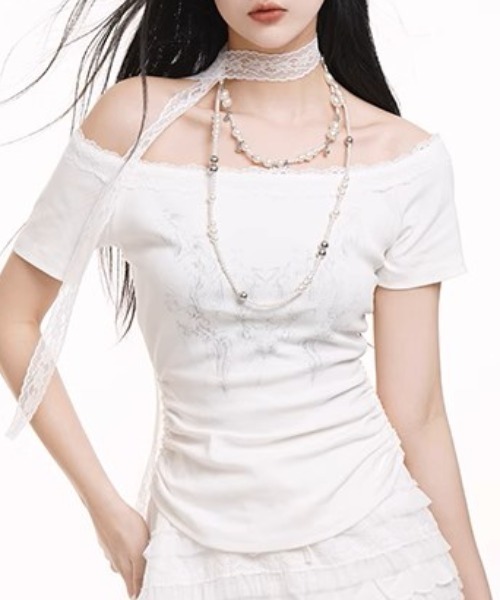 .KOM(ドットコム)の「A'GEM/9 × .kom 『.KOM/ドットケーオーエム』 レースストールTシャツ(Tシャツ/カットソー・レディース・ブラック/ホワイト・FREE)」の9枚目の写真