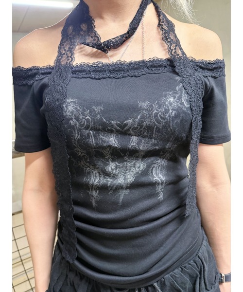 tシャツ A'GEM/9 × .kom 「.KOM/ドットケーオーエム」 背中レース 羽半袖Tシャツ レディース A'GEM/9 × .kom 『.KOM/ドットケーオーエム』 背中レース 羽半袖