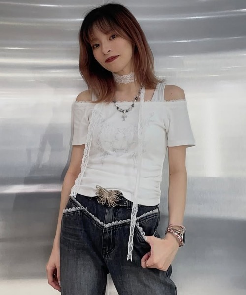 tシャツ A'GEM/9 × .kom 「.KOM/ドットケーオーエム」 シアーフラワーレースTシャツ レディース A'GEM/9 × .kom 『.KOM/ドットケーオーエム』 シアーフラワー