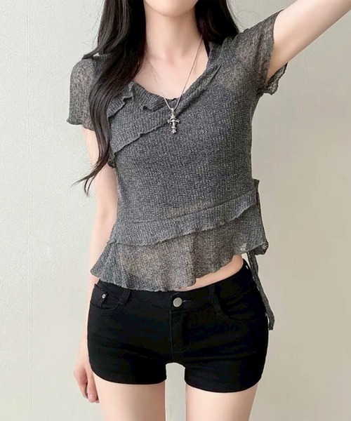 LYEON(リヨン)の「アシメフリルホルターレイヤードトップス(Tシャツ/カットソー・レディース・グレー/オフホワイト/ベージュ・FREE)」の8枚目の写真