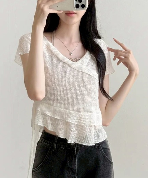 LYEON(リヨン)の「アシメフリルホルターレイヤードトップス(Tシャツ/カットソー・レディース・グレー/オフホワイト/ベージュ・FREE)」の10枚目の写真