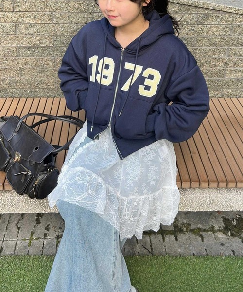 セール】ショート丈ダブルジップロゴワッペン刺繍スウェットパーカー