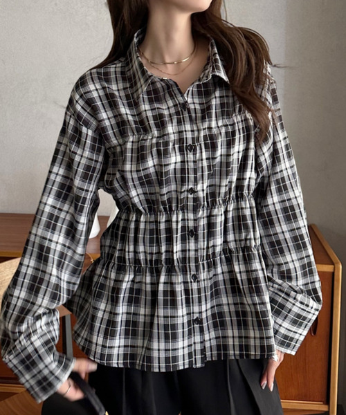 Eclat one(エクラワン)の「【Eclat one】ギャザー ビスチェデザイン シャツ ブラウス(シャツ/ブラウス・レディース・ブラック/オフホワイト/ブラウン/ブラック×ホワイト/ネイビー/サックスブルー/ピンク・M)」の3枚目の写真