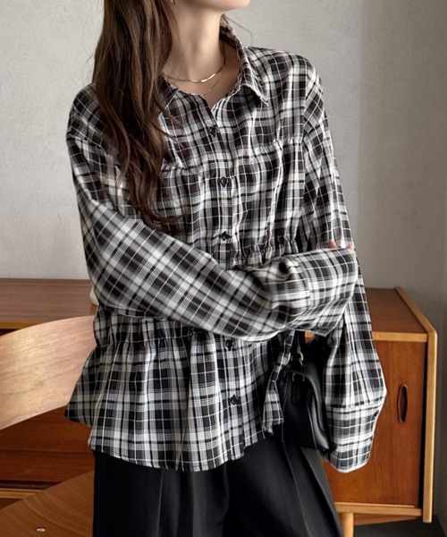 Eclat one(エクラワン)の「【Eclat one】ギャザー ビスチェデザイン シャツ ブラウス(シャツ/ブラウス・レディース・ブラック/オフホワイト/ブラウン/ブラック×ホワイト/ネイビー/サックスブルー/ピンク・M)」の15枚目の写真