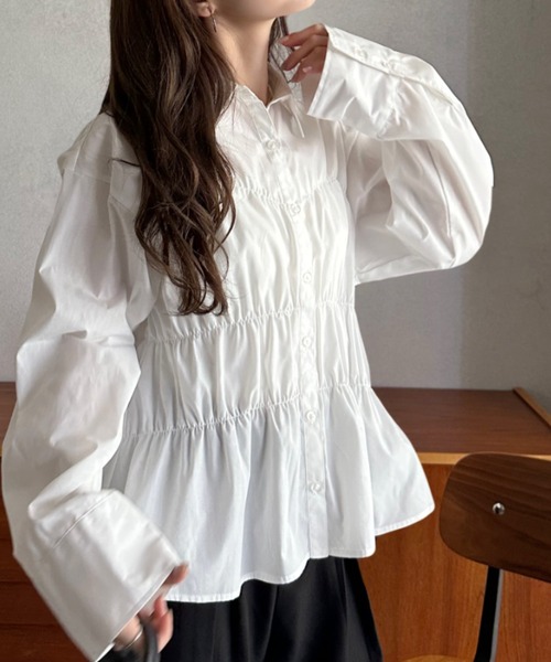 Eclat one(エクラワン)の「【Eclat one】ギャザー ビスチェデザイン シャツ ブラウス(シャツ/ブラウス・レディース・ブラック/オフホワイト/ブラウン/ブラック×ホワイト/ネイビー/サックスブルー/ピンク・M)」の9枚目の写真