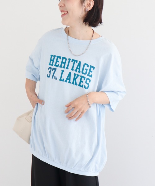 Green Parks(グリーンパークス)の「カレッジロゴ刺繍5分袖チュニック(チュニック・レディース・チャコールグレー/オフホワイト/イエロー/ブルー・FREE)」の3枚目の写真