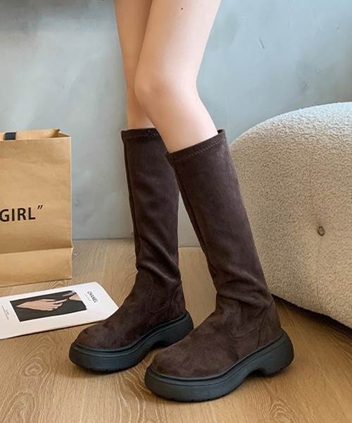 ブラウン スエード ロングブーツ 低ヒール o-5772_3.jpg