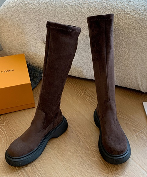 ブラウン スエード ロングブーツ 低ヒール o-5772_3.jpg
