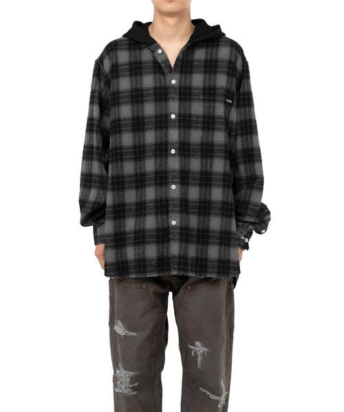 KAMIYA（カミヤ）の「Hooded Check Shirt（シャツ/ブラウス・メンズ・ブラック/ブラウン/グレー・M/S）」の5枚目の写真