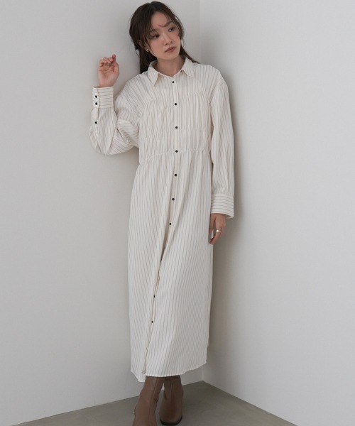 セール】【選べるサイズ展開】ストライプビスチェ風シャツワンピース
