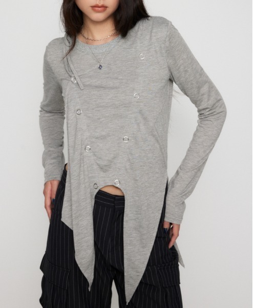 LAGUA GEM(ラグアジェム)の「HEM POINT RING BUTTON トップス(Tシャツ/カットソー・レディース・ホワイト/杢グレー/ブラック・FREE)」の1枚目の写真