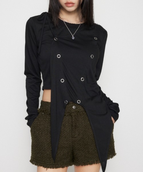 LAGUA GEM(ラグアジェム)の「HEM POINT RING BUTTON トップス(Tシャツ/カットソー・レディース・ホワイト/杢グレー/ブラック・FREE)」の3枚目の写真