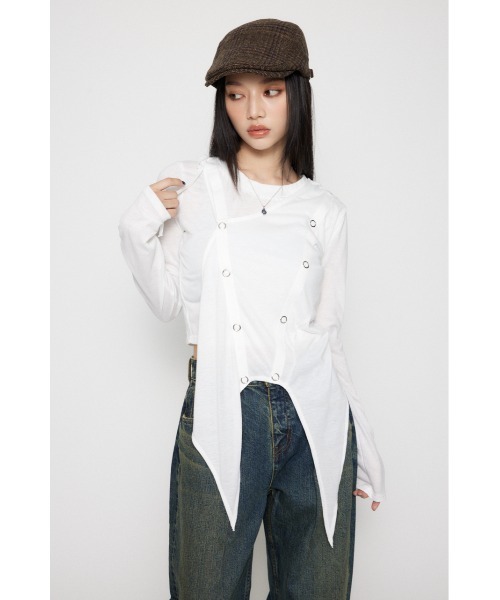 LAGUA GEM(ラグアジェム)の「HEM POINT RING BUTTON トップス(Tシャツ/カットソー・レディース・ホワイト/杢グレー/ブラック・FREE)」の6枚目の写真