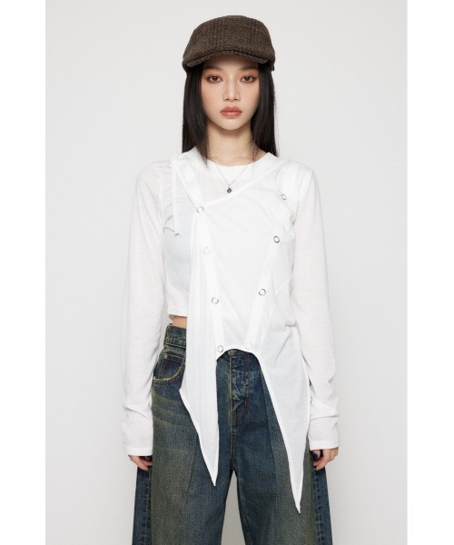 LAGUA GEM(ラグアジェム)の「HEM POINT RING BUTTON トップス(Tシャツ/カットソー・レディース・ホワイト/杢グレー/ブラック・FREE)」の4枚目の写真
