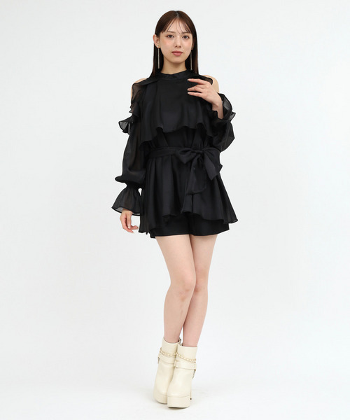 ROYAL PARTY（ロイヤルパーティー）の「リボン付コールドショルダー長袖ブラウスセットアップ（シャツ/ブラウス・レディース・ブラック/オフホワイト/チェック・FREE）」の2枚目の写真