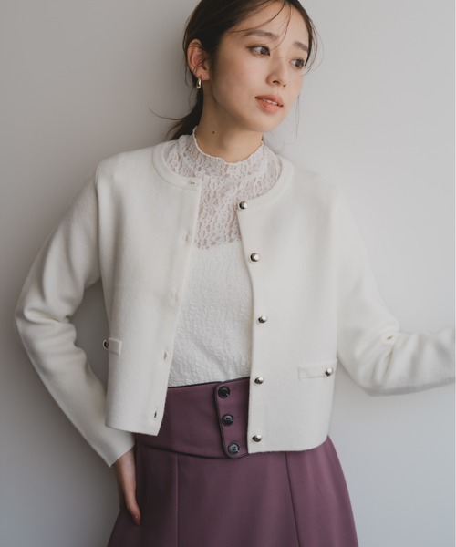 MISCH MASCH（ミッシュマッシュ）の「金釦ミラノニットジャケット（ノーカラージャケット・レディース・グレー/ホワイト/ピンク・ﾌﾘ-）」の13枚目の写真