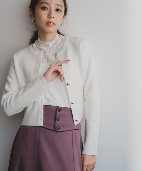 MISCH MASCH（ミッシュマッシュ）の「金釦ミラノニットジャケット（ノーカラージャケット・レディース・グレー/ホワイト/ピンク・ﾌﾘ-）」の12枚目の写真