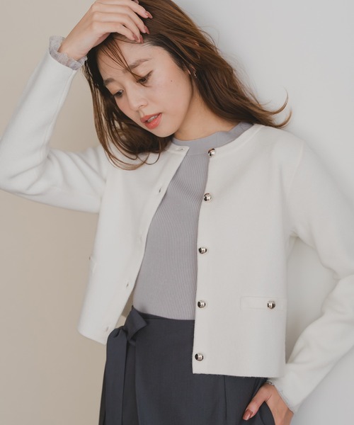 セール】2025秋冬新作 金釦ミラノニットジャケット（ノーカラー