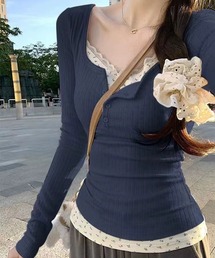 HALEY PESCA/ヘンリーネック　花柄レイヤードトップス