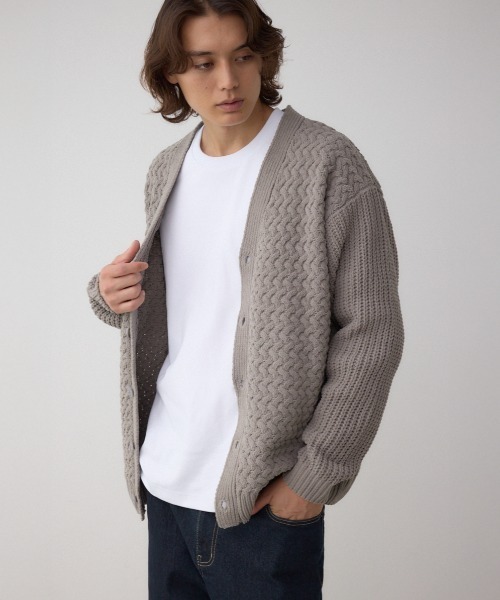 AZUL by moussy（アズールバイマウジー）の「バスケット編みマットモールカーディガン（カーディガン/ボレロ・メンズ・アイボリー/ブラック/グレー・MEDIUM/LARGE）」の3枚目の写真