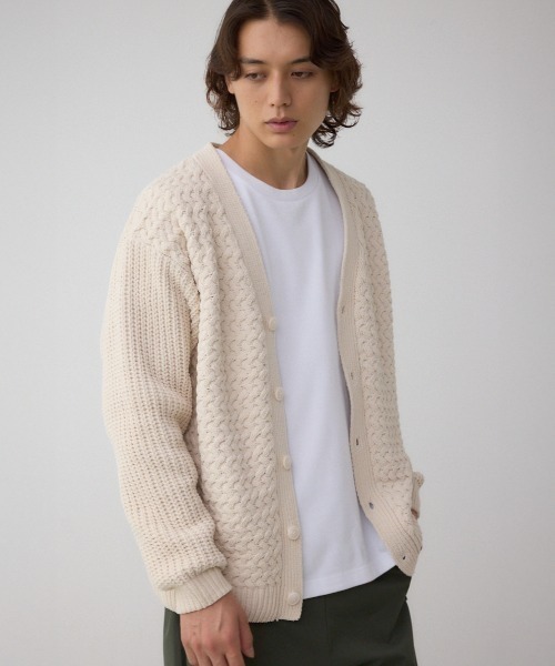 AZUL by moussy（アズールバイマウジー）の「バスケット編みマットモールカーディガン（カーディガン/ボレロ・メンズ・アイボリー/ブラック/グレー・MEDIUM/LARGE）」の2枚目の写真