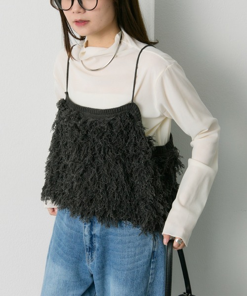 PUAL CE CIN(ピュアルセシン)の「ナイロンチュールベロアハイネックトップス(Tシャツ/カットソー・レディース・アイボリー/ライトグレー/ブラウン・FREE)」の6枚目の写真