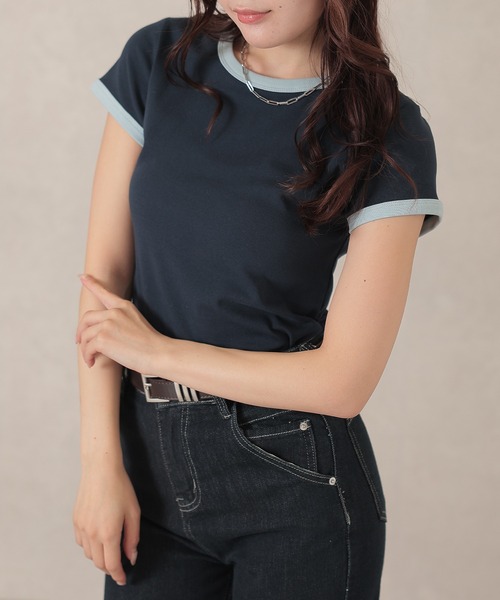 Lace Ladies(レースレディース)の「クルーネック コットン 配色 半袖 Tシャツ(Tシャツ/カットソー・レディース・ブラック/ライトブルー/ブラウン/ベージュ/ネイビー/イエロー/ダークグレー・FREE)」の6枚目の写真