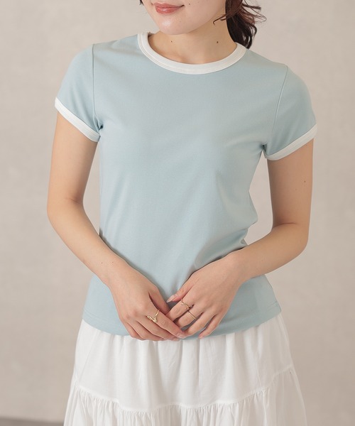 Lace Ladies(レースレディース)の「クルーネック コットン 配色 半袖 Tシャツ(Tシャツ/カットソー・レディース・ブラック/ライトブルー/ブラウン/ベージュ/ネイビー/イエロー/ダークグレー・FREE)」の5枚目の写真