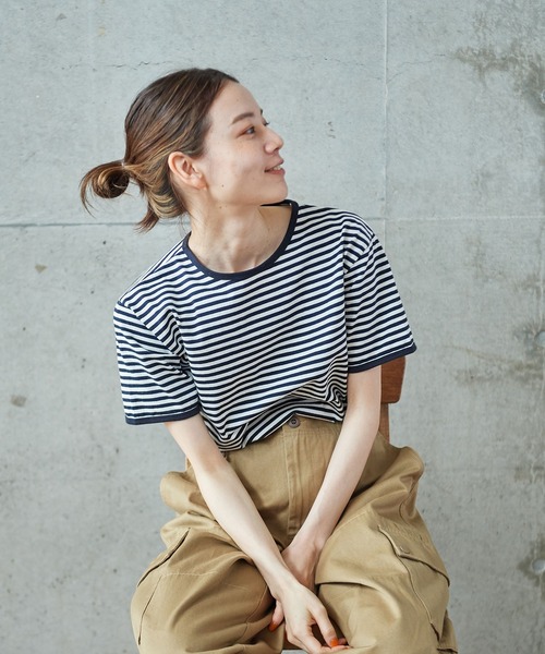 PAR ICI(パーリッシィ)の「ボーダー配色バインダー 半袖Tシャツ【BASIC COLOR】(Tシャツ/カットソー・レディース・ブルー/レッド/ネイビー・FREE)」の1枚目の写真