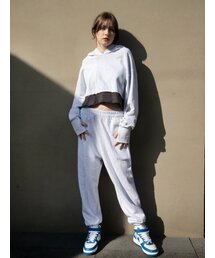 レイヤードクロップフードワイドジョガーパンツセットアップセット-スノーメランジグレー