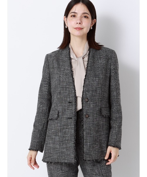 SUIT SQUARE(スーツスクエア)の「ジャケット Vカラー ウォッシャブル ストレッチ スラブシャンブレー 織柄 anysy(ノーカラージャケット・レディース・ブラック・40(11号)/38(9号)/36(7号))」の1枚目の写真