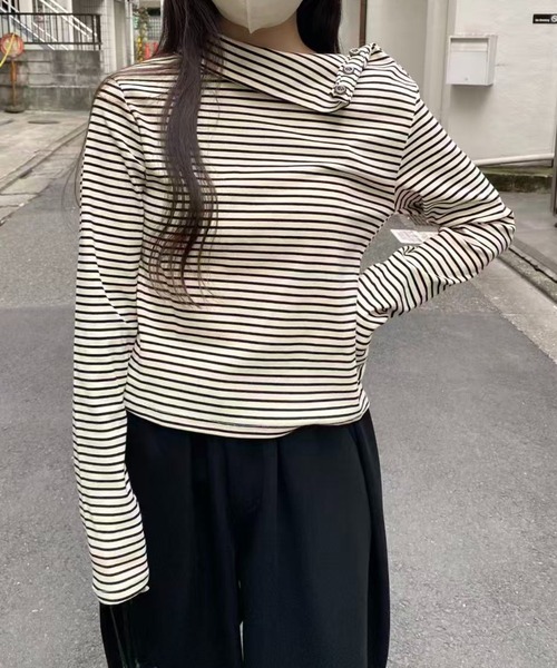 mebole(メボレ)の「ボタンハイネックボーダートップス(Tシャツ/カットソー・レディース・アイボリー・FREE)」の5枚目の写真