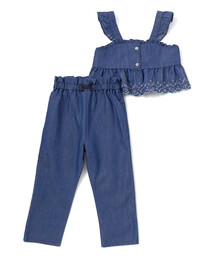 SLAP SLIP（スラップスリップ）の「キラキラ刺しゅう裾スカラップ無地ドットライトオンスデニムセットアップ(90~130cm)（セットアップ）」