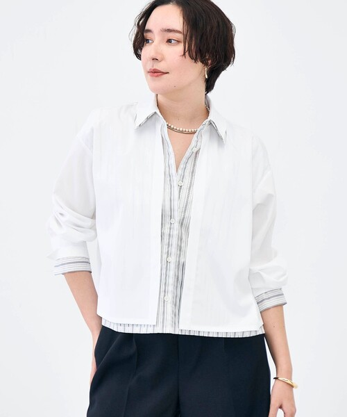 【新品・試着のみ】Noen ショート丈 ウールシャツ ホワイト XL セール】ウォッシャブルレイヤード風ショート丈シャツ（シャツ