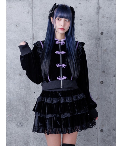 Amilige(アミリージュ)の「チャイナベロアセットアップ(ワンピース・レディース・ブラック×ホワイト/ブラック×パープル・FREE)」の2枚目の写真