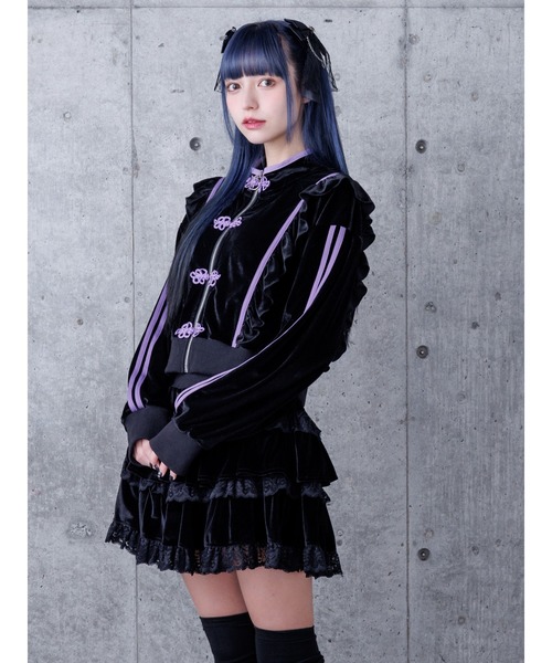 Amilige(アミリージュ)の「チャイナベロアセットアップ(ワンピース・レディース・ブラック×ホワイト/ブラック×パープル・FREE)」の5枚目の写真