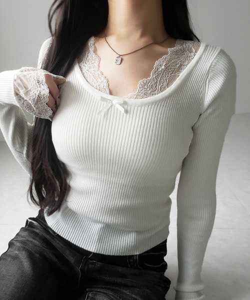 me+em select(ミームセレクト)の「【 3color 】フロントリボンレース切替リブニットトップス / front ribbon lace switching ribbed knit tops(ニット/セーター・レディース・チャコール/ブラック/ホワイト・FREE)」の2枚目の写真