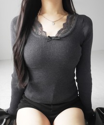 【 3color 】フロントリボンレース切替リブニットトップス / front ribbon lace switching ribbed knit tops