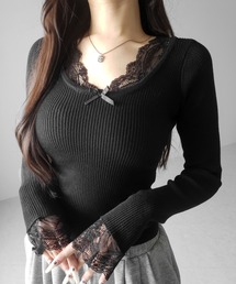 me+em select(�~�[���Z���N�g)�́y �Rcolor �z�t�����g���{�����[�X�ؑփ��u�j�b�g�g�b�v�X �^ front ribbon lace switching ribbed knit tops(�j�b�g/�Z�[�^�[)