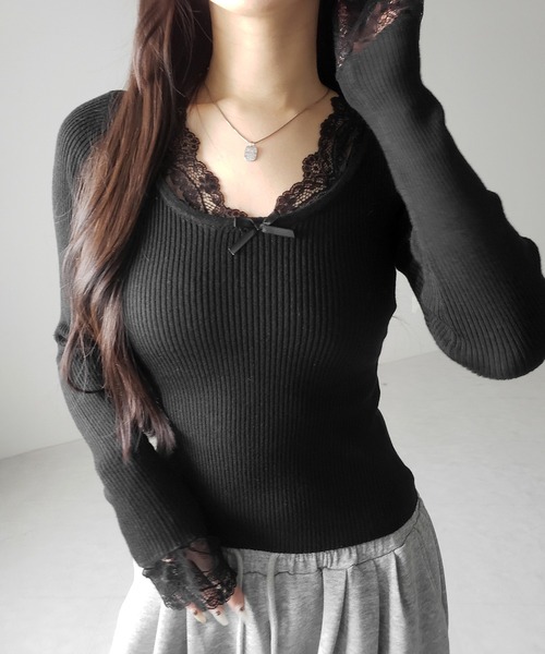 me+em select(ミームセレクト)の「【 3color 】フロントリボンレース切替リブニットトップス / front ribbon lace switching ribbed knit tops(ニット/セーター・レディース・チャコール/ブラック/ホワイト・FREE)」の9枚目の写真