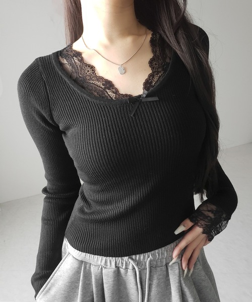me+em select(ミームセレクト)の「【 3color 】フロントリボンレース切替リブニットトップス / front ribbon lace switching ribbed knit tops(ニット/セーター・レディース・チャコール/ブラック/ホワイト・FREE)」の10枚目の写真