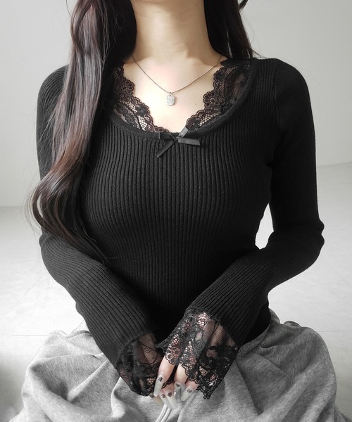 me+em select(ミームセレクト)の「【 3color 】フロントリボンレース切替リブニットトップス / front ribbon lace switching ribbed knit tops(ニット/セーター・レディース・チャコール/ブラック/ホワイト・FREE)」の4枚目の写真