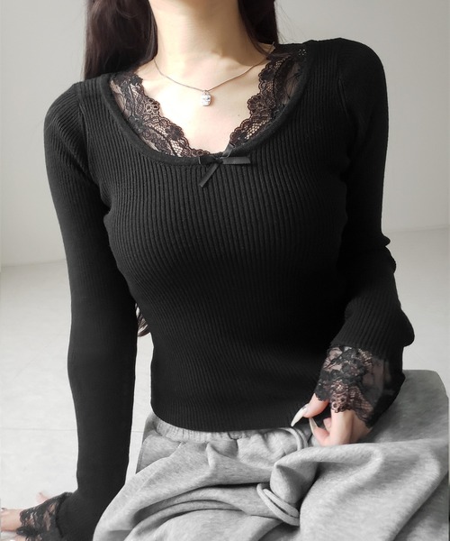 me+em select(ミームセレクト)の「【 3color 】フロントリボンレース切替リブニットトップス / front ribbon lace switching ribbed knit tops(ニット/セーター・レディース・チャコール/ブラック/ホワイト・FREE)」の6枚目の写真