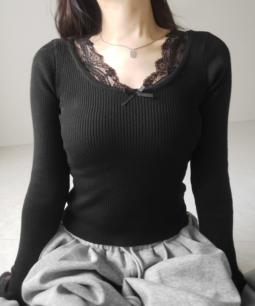 me+em select(ミームセレクト)の「【 3color 】フロントリボンレース切替リブニットトップス / front ribbon lace switching ribbed knit tops(ニット/セーター・レディース・チャコール/ブラック/ホワイト・FREE)」の8枚目の写真