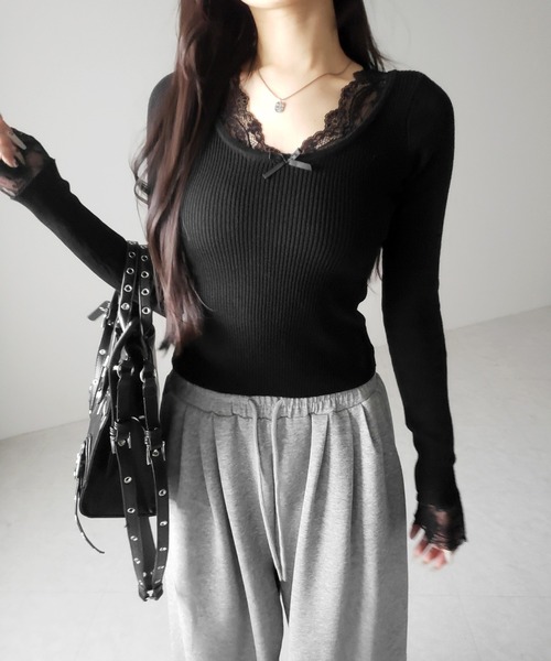 me+em select(ミームセレクト)の「【 3color 】フロントリボンレース切替リブニットトップス / front ribbon lace switching ribbed knit tops(ニット/セーター・レディース・チャコール/ブラック/ホワイト・FREE)」の11枚目の写真
