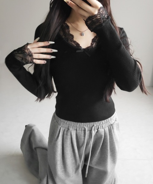 me+em select(ミームセレクト)の「【 3color 】フロントリボンレース切替リブニットトップス / front ribbon lace switching ribbed knit tops(ニット/セーター・レディース・チャコール/ブラック/ホワイト・FREE)」の12枚目の写真