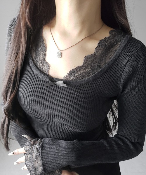 me+em select(ミームセレクト)の「【 3color 】フロントリボンレース切替リブニットトップス / front ribbon lace switching ribbed knit tops(ニット/セーター・レディース・チャコール/ブラック/ホワイト・FREE)」の13枚目の写真