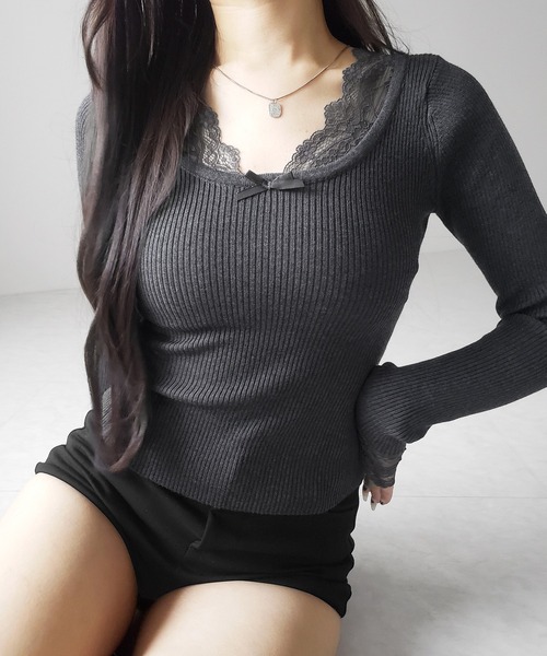 me+em select(ミームセレクト)の「【 3color 】フロントリボンレース切替リブニットトップス / front ribbon lace switching ribbed knit tops(ニット/セーター・レディース・チャコール/ブラック/ホワイト・FREE)」の17枚目の写真