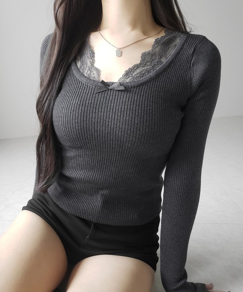 me+em select(ミームセレクト)の「【 3color 】フロントリボンレース切替リブニットトップス / front ribbon lace switching ribbed knit tops(ニット/セーター・レディース・チャコール/ブラック/ホワイト・FREE)」の18枚目の写真