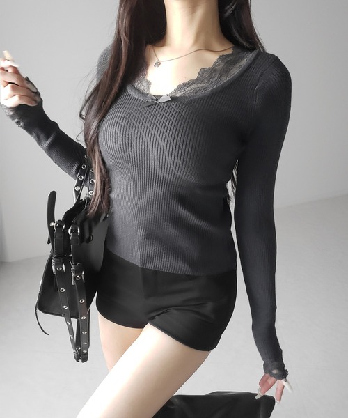 me+em select(ミームセレクト)の「【 3color 】フロントリボンレース切替リブニットトップス / front ribbon lace switching ribbed knit tops(ニット/セーター・レディース・チャコール/ブラック/ホワイト・FREE)」の19枚目の写真